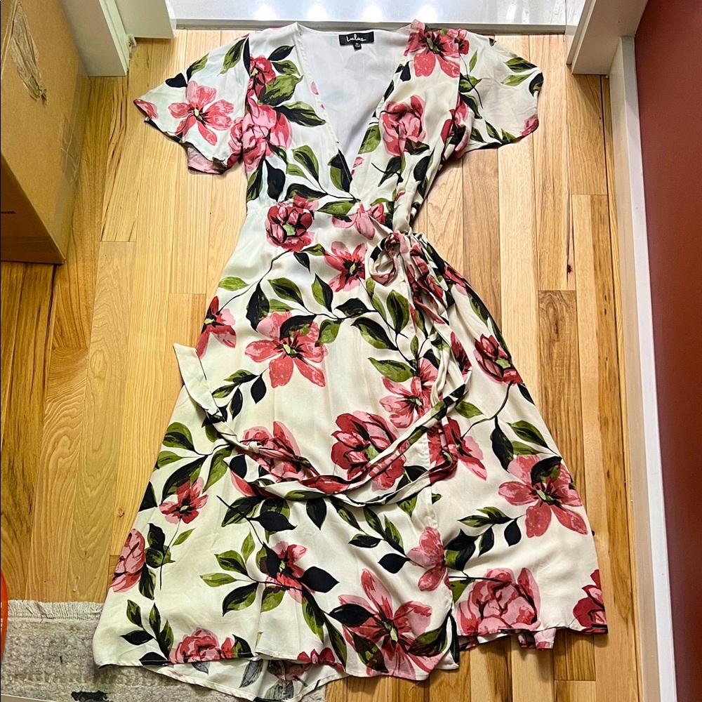 Lulus Floral Wrap Dress in Pink and Green
